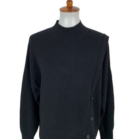 Halogen Black Asymmetrical Button Sweater Long Sleeve Ribbed Knit L Minimalist - Picture 2 of 7